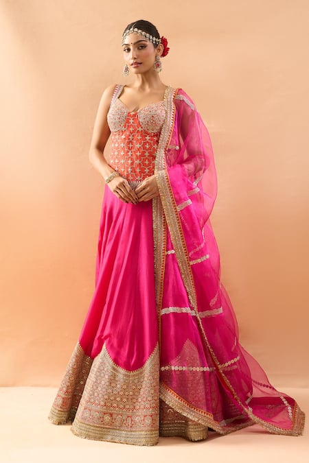 Gopi Vaid Embroidered Padded Blouse Lehenga & Dupatta 