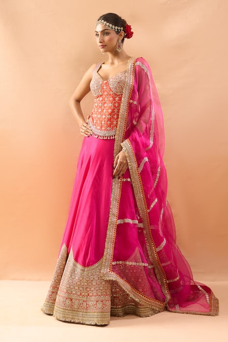 Shop_Gopi Vaid_Orange Tussar, Organza Embroidery, Sequins, Padded Blouse Lehenga And Dupatta _Online_at_Aza_Fashions