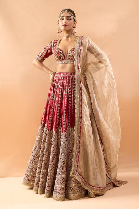 Gopi Vaid Red Tussar, Organza Embroidery, Zari Sweetheart Neck Lehenga Set Online at Aza Fashions Gopi Vaid_Red Tussar, Organza Embroidery, Zari Sweetheart Neck Lehenga Set _Online_at_Aza_Fashions