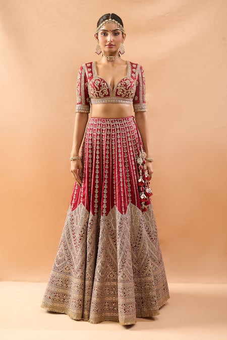 Buy Gopi Vaid Red Tussar, Organza Embroidery, Zari Sweetheart Neck Lehenga Set Online at Aza Fashions Buy_Gopi Vaid_Red Tussar, Organza Embroidery, Zari Sweetheart Neck Lehenga Set _Online_at_Aza_Fashions