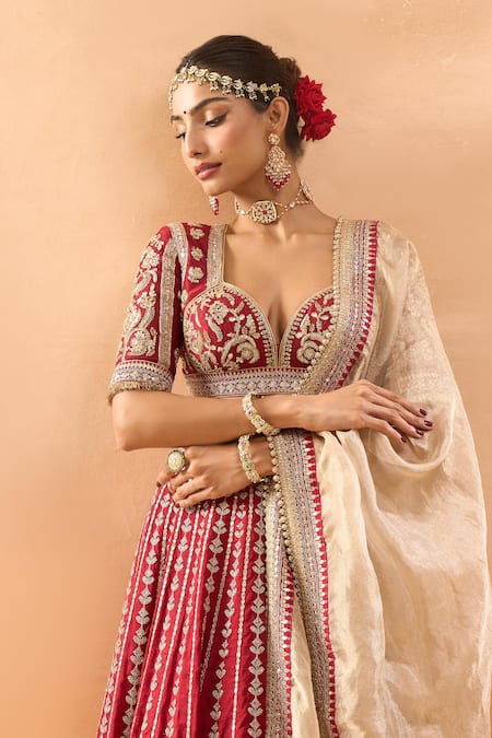Shop Gopi Vaid Red Tussar, Organza Embroidery, Zari Sweetheart Neck Lehenga Set Online at Aza Fashions Shop_Gopi Vaid_Red Tussar, Organza Embroidery, Zari Sweetheart Neck Lehenga Set _Online_at_Aza_Fashions