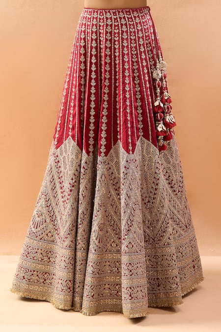 Gopi Vaid Red Tussar, Organza Embroidery, Zari Sweetheart Neck Lehenga Set at Aza Fashions Gopi Vaid_Red Tussar, Organza Embroidery, Zari Sweetheart Neck Lehenga Set _at_Aza_Fashions