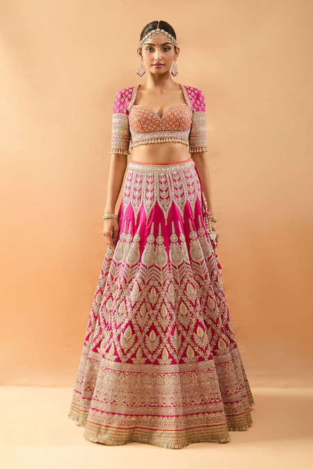 Buy_Gopi Vaid_Orange Tussar, Organza Zari, Embroidery Sweetheart Lehenga Blouse And Dupatta Set _Online_at_Aza_Fashions