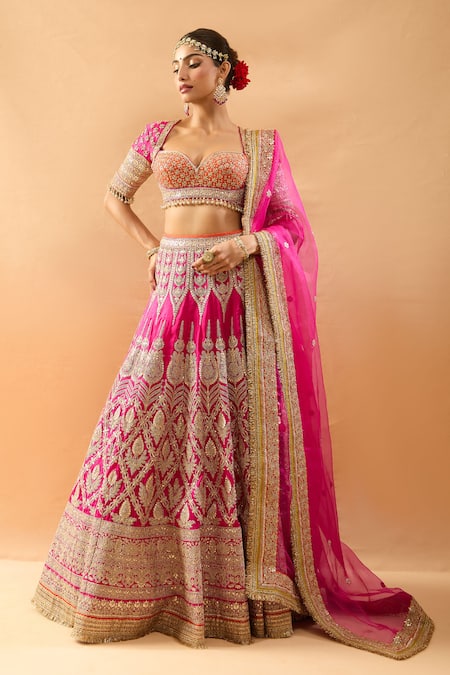 Shop_Gopi Vaid_Orange Tussar, Organza Zari, Embroidery Sweetheart Lehenga Blouse And Dupatta Set _Online_at_Aza_Fashions