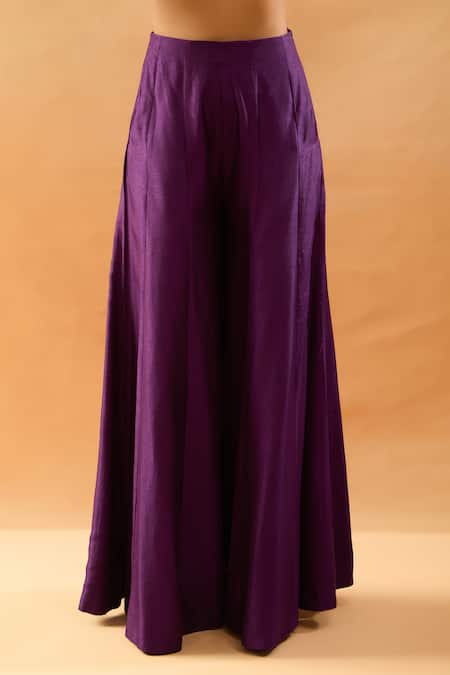 Gopi Vaid_Purple Tussar V-neck Embroidered Vest And Panel Pant Set _Online_at_Aza_Fashions