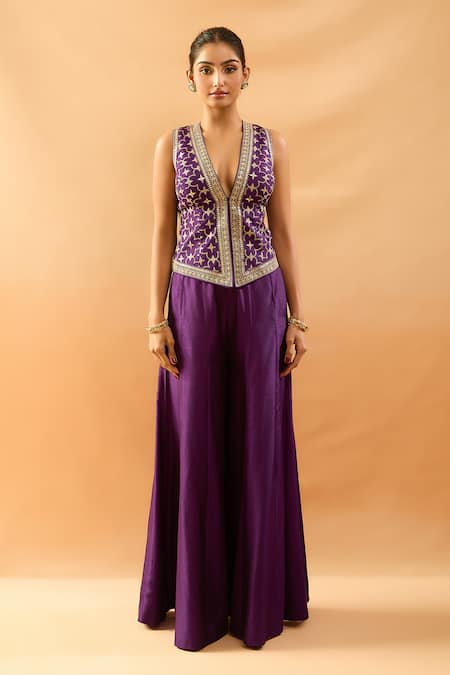 Buy_Gopi Vaid_Purple Tussar V-neck Embroidered Vest And Panel Pant Set _Online_at_Aza_Fashions