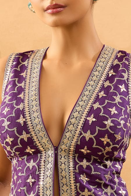 Shop_Gopi Vaid_Purple Tussar V-neck Embroidered Vest And Panel Pant Set _Online_at_Aza_Fashions