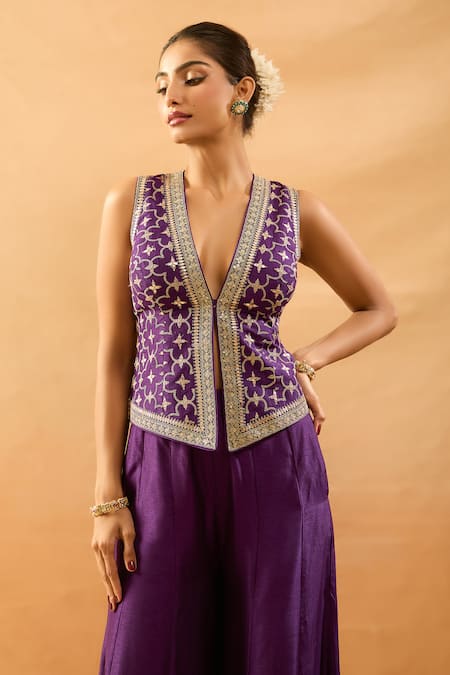 Gopi Vaid_Purple Tussar V-neck Embroidered Vest And Panel Pant Set _at_Aza_Fashions