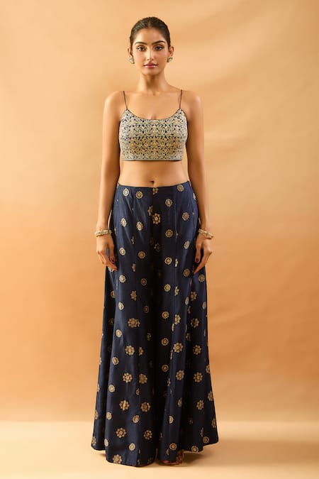 Gopi Vaid_Beige Tussar Zari, Sequins, Embroidery Square Neck, Blouse, Jacket And Palazzo Set _Online_at_Aza_Fashions