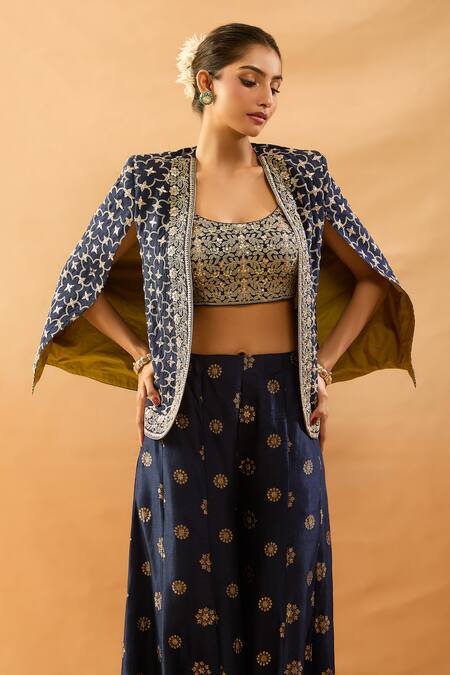 Shop_Gopi Vaid_Beige Tussar Zari, Sequins, Embroidery Square Neck, Blouse, Jacket And Palazzo Set _Online_at_Aza_Fashions