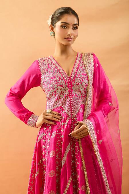 Gopi Vaid_Fuchsia Tussar, Organza Embroidery, Zari, Gota Anarkali, Palazzo And Dupatta Set _Online_at_Aza_Fashions