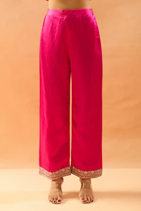 Buy_Gopi Vaid_Fuchsia Tussar, Organza Embroidery, Zari, Gota Anarkali, Palazzo And Dupatta Set _Online_at_Aza_Fashions