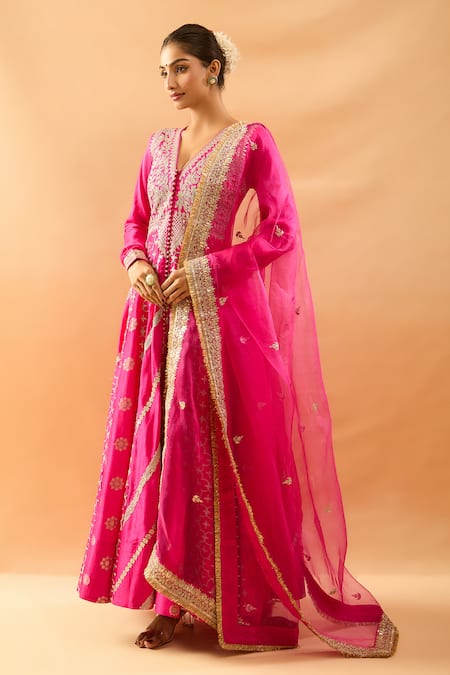 Shop_Gopi Vaid_Fuchsia Tussar, Organza Embroidery, Zari, Gota Anarkali, Palazzo And Dupatta Set _Online_at_Aza_Fashions