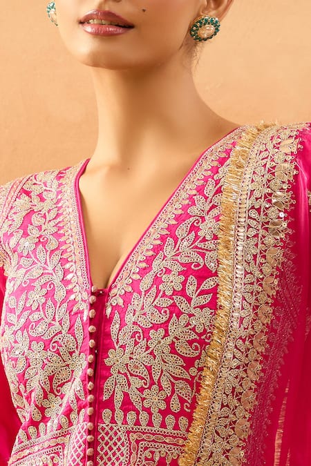 Gopi Vaid_Fuchsia Tussar, Organza Embroidery, Zari, Gota Anarkali, Palazzo And Dupatta Set _at_Aza_Fashions