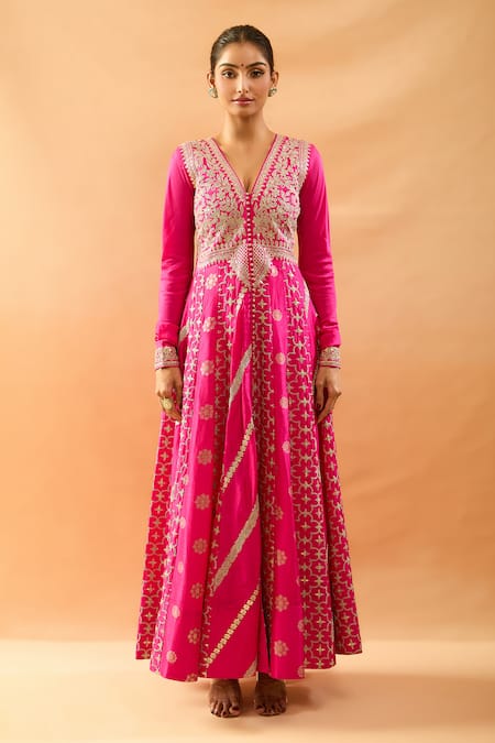 Buy_Gopi Vaid_Fuchsia Tussar, Organza Embroidery, Zari, Gota Anarkali, Palazzo And Dupatta Set 
