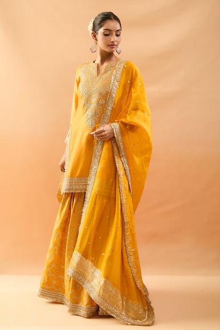 Gopi Vaid_Mustard Tussar, Organza Embroidery, Zari, Sequins Kurta And Brocade Sharara Set _Online_at_Aza_Fashions