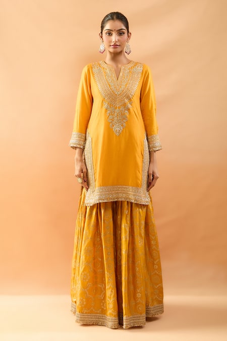 Buy_Gopi Vaid_Mustard Tussar, Organza Embroidery, Zari, Sequins Kurta And Brocade Sharara Set _Online_at_Aza_Fashions
