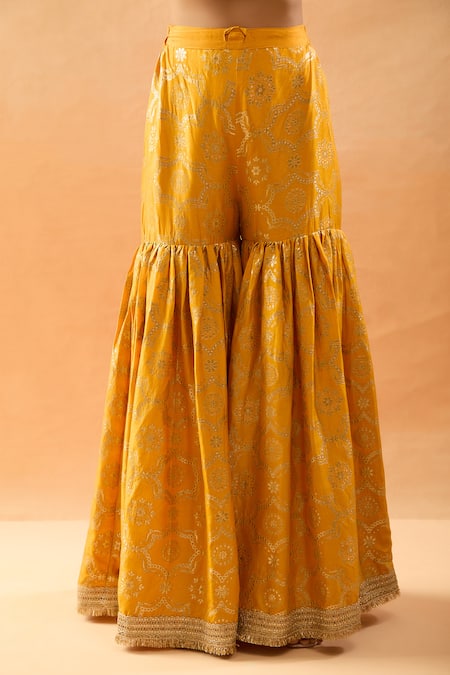 Gopi Vaid_Mustard Tussar, Organza Embroidery, Zari, Sequins Kurta And Brocade Sharara Set _at_Aza_Fashions