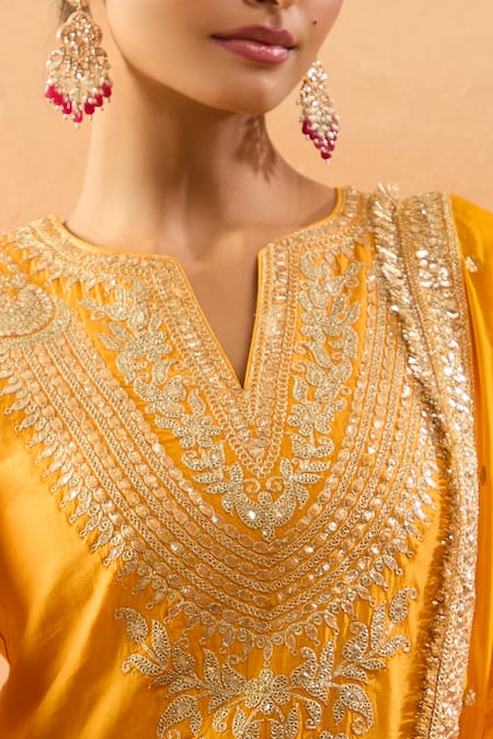 Buy_Gopi Vaid_Mustard Tussar, Organza Embroidery, Zari, Sequins Kurta And Brocade Sharara Set 