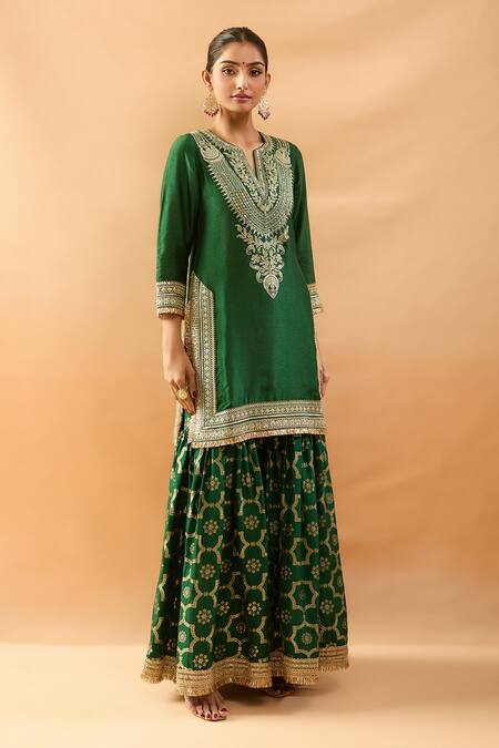 Gopi Vaid Green Tussar, Organza Embroidery, Zari, Gota Patti Kurta And Printed Sharara Set Online at Aza Fashions Gopi Vaid_Green Tussar, Organza Embroidery, Zari, Gota Patti Kurta And Printed Sharara Set _Online_at_Aza_Fashions
