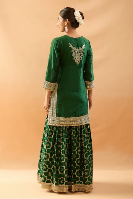 Shop Gopi Vaid Green Tussar, Organza Embroidery, Zari, Gota Patti Kurta And Printed Sharara Set at Aza Fashions Shop_Gopi Vaid_Green Tussar, Organza Embroidery, Zari, Gota Patti Kurta And Printed Sharara Set _at_Aza_Fashions
