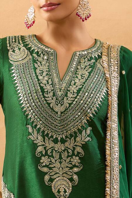 Shop Gopi Vaid Green Tussar, Organza Embroidery, Zari, Gota Patti Kurta And Printed Sharara Set Online at Aza Fashions Shop_Gopi Vaid_Green Tussar, Organza Embroidery, Zari, Gota Patti Kurta And Printed Sharara Set _Online_at_Aza_Fashions