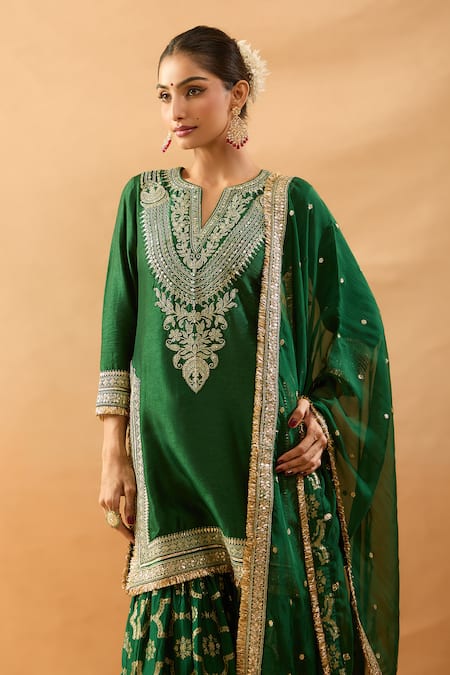 Buy Gopi Vaid Green Tussar, Organza Embroidery, Zari, Gota Patti Kurta And Printed Sharara Set Buy_Gopi Vaid_Green Tussar, Organza Embroidery, Zari, Gota Patti Kurta And Printed Sharara Set