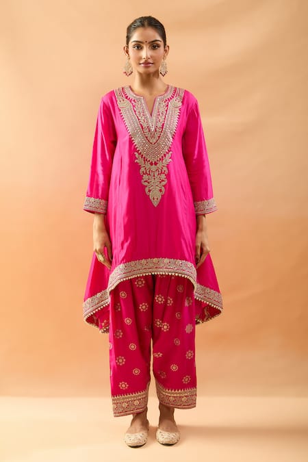 Shop Gopi Vaid Pink Tussar Embroidery, Zari V-neck Asymmetric Kurta And Farshi Salwar Online at Aza Fashions Shop_Gopi Vaid_Pink Tussar Embroidery, Zari V-neck Asymmetric Kurta And Farshi Salwar _Online_at_Aza_Fashions