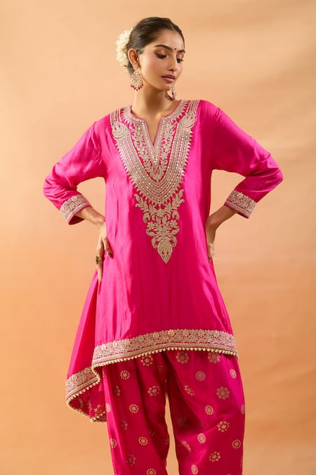Gopi Vaid Pink Tussar Embroidery, Zari V-neck Asymmetric Kurta And Farshi Salwar at Aza Fashions Gopi Vaid_Pink Tussar Embroidery, Zari V-neck Asymmetric Kurta And Farshi Salwar _at_Aza_Fashions