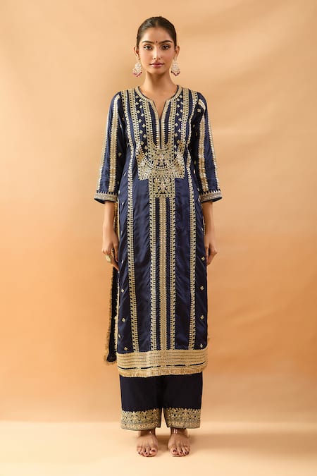 Gopi Vaid_Blue Tussar, Linen, Organza Zari, Embroidery Split Kurta Palazzo Dupatta Set _Online_at_Aza_Fashions