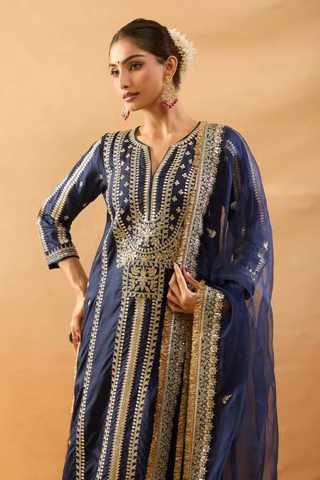 Buy_Gopi Vaid_Blue Tussar, Linen, Organza Zari, Embroidery Split Kurta Palazzo Dupatta Set _Online_at_Aza_Fashions