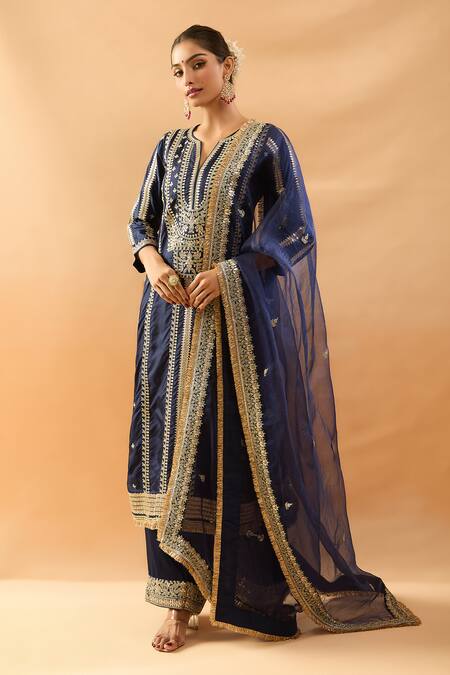 Shop_Gopi Vaid_Blue Tussar, Linen, Organza Zari, Embroidery Split Kurta Palazzo Dupatta Set _Online_at_Aza_Fashions