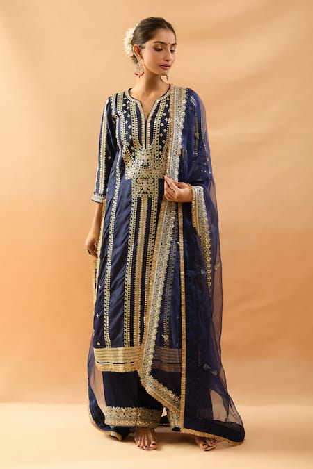 Gopi Vaid Embroidered Tussar Kurta Palazzo Dupatta Set 