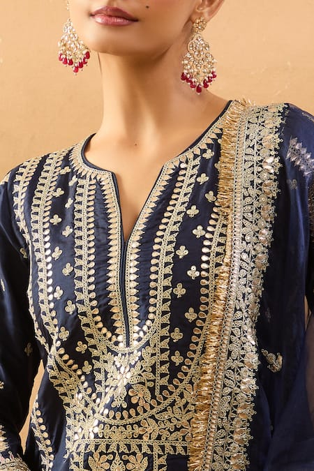 Buy_Gopi Vaid_Blue Tussar, Linen, Organza Zari, Embroidery Split Kurta Palazzo Dupatta Set 