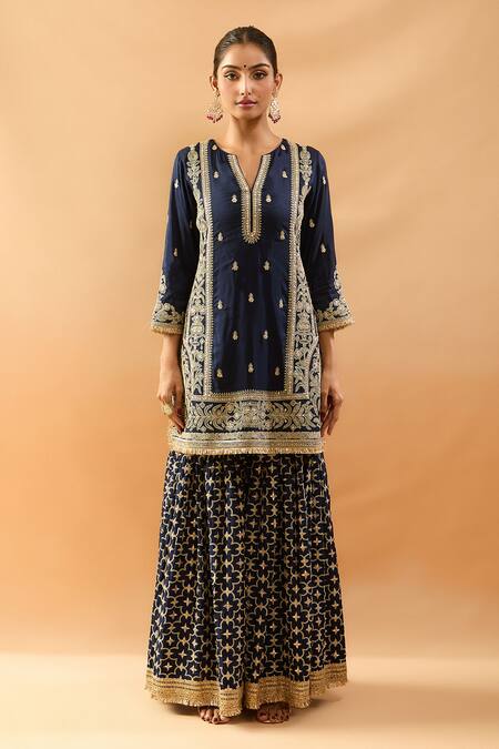 Buy Gopi Vaid Blue Tussar, Organza Embroidery, Zari, Sequins Split Kurta Sharara And Dupatta Set Online at Aza Fashions Buy_Gopi Vaid_Blue Tussar, Organza Embroidery, Zari, Sequins Split Kurta Sharara And Dupatta Set _Online_at_Aza_Fashions