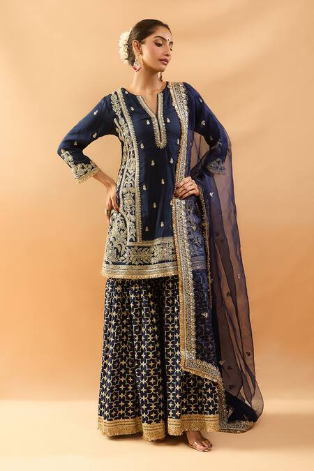 Shop Gopi Vaid Blue Tussar, Organza Embroidery, Zari, Sequins Split Kurta Sharara And Dupatta Set Online at Aza Fashions Shop_Gopi Vaid_Blue Tussar, Organza Embroidery, Zari, Sequins Split Kurta Sharara And Dupatta Set _Online_at_Aza_Fashions