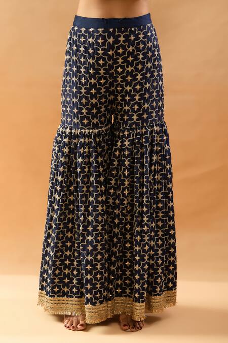 Buy Gopi Vaid Blue Tussar, Organza Embroidery, Zari, Sequins Split Kurta Sharara And Dupatta Set Buy_Gopi Vaid_Blue Tussar, Organza Embroidery, Zari, Sequins Split Kurta Sharara And Dupatta Set