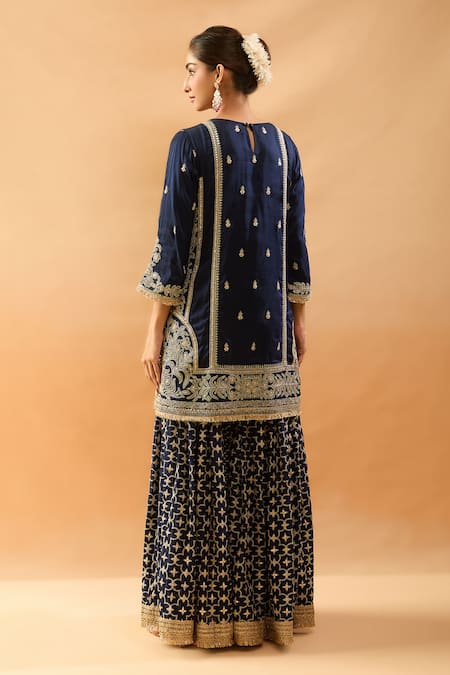 Shop Gopi Vaid Blue Tussar, Organza Embroidery, Zari, Sequins Split Kurta Sharara And Dupatta Set at Aza Fashions Shop_Gopi Vaid_Blue Tussar, Organza Embroidery, Zari, Sequins Split Kurta Sharara And Dupatta Set _at_Aza_Fashions