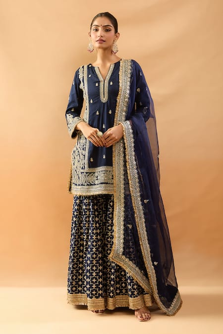 Gopi Vaid Blue Tussar, Organza Embroidery, Zari, Sequins Split Kurta Sharara And Dupatta Set 