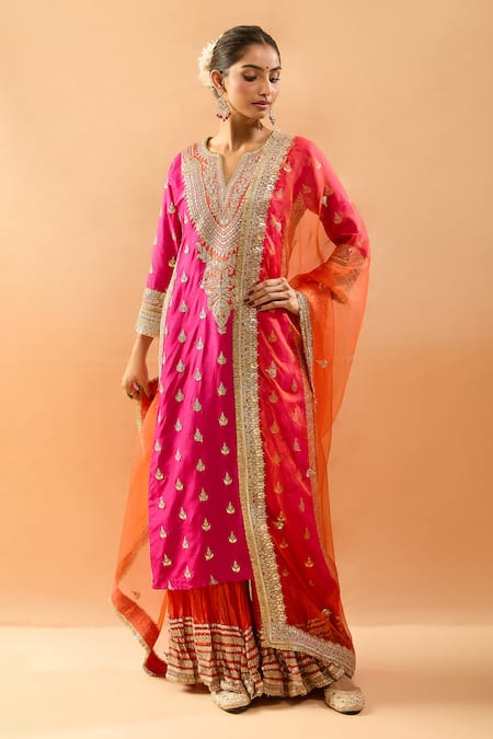 Buy Gopi Vaid Rose Gold Tussar, Shantoon, Organza Embroidery, Zari Kurta And Semi Silk Sharara Online at Aza Fashions Buy_Gopi Vaid_Rose Gold Tussar, Shantoon, Organza Embroidery, Zari Kurta And Semi Silk Sharara _Online_at_Aza_Fashions