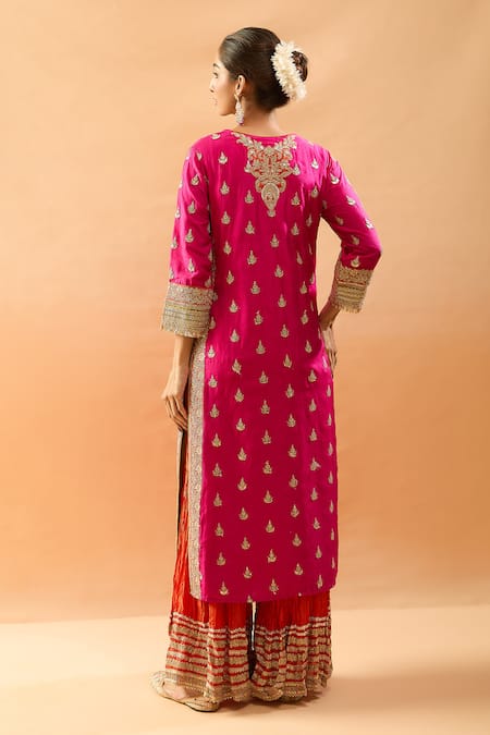 Shop Gopi Vaid Rose Gold Tussar, Shantoon, Organza Embroidery, Zari Kurta And Semi Silk Sharara at Aza Fashions Shop_Gopi Vaid_Rose Gold Tussar, Shantoon, Organza Embroidery, Zari Kurta And Semi Silk Sharara _at_Aza_Fashions