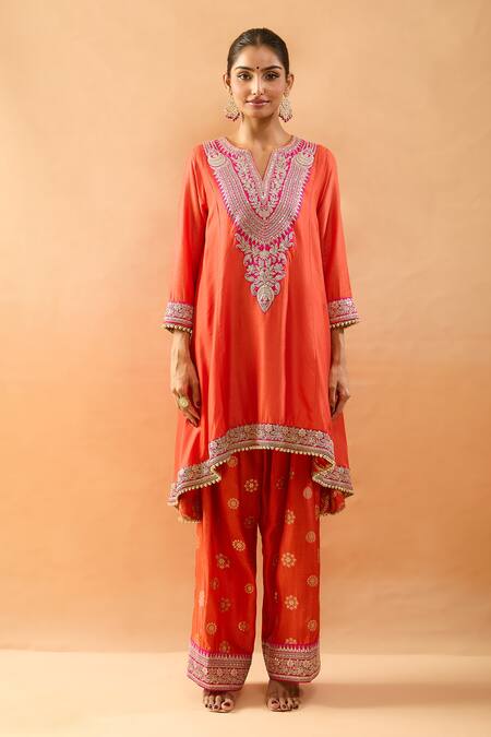 Gopi Vaid Orange Tussar Embroidery, Gota Patti V-neck Kurta And Farshi Salwar Set Online at Aza Fashions Gopi Vaid_Orange Tussar Embroidery, Gota Patti V-neck Kurta And Farshi Salwar Set _Online_at_Aza_Fashions