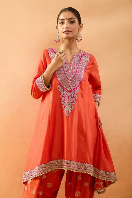 Shop Gopi Vaid Orange Tussar Embroidery, Gota Patti V-neck Kurta And Farshi Salwar Set Online at Aza Fashions Shop_Gopi Vaid_Orange Tussar Embroidery, Gota Patti V-neck Kurta And Farshi Salwar Set _Online_at_Aza_Fashions