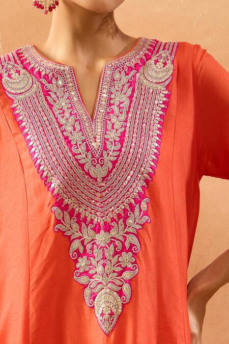 Gopi Vaid Orange Tussar Embroidery, Gota Patti V-neck Kurta And Farshi Salwar Set at Aza Fashions Gopi Vaid_Orange Tussar Embroidery, Gota Patti V-neck Kurta And Farshi Salwar Set _at_Aza_Fashions