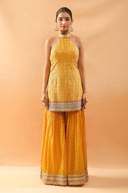 Gopi Vaid Mustard Tussar, Organza Embroidery, Zari, Sequins Halter Kurta And Sharara Set Online at Aza Fashions Gopi Vaid_Mustard Tussar, Organza Embroidery, Zari, Sequins Halter Kurta And Sharara Set _Online_at_Aza_Fashions