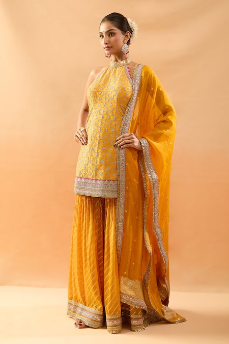 Buy Gopi Vaid Mustard Tussar, Organza Embroidery, Zari, Sequins Halter Kurta And Sharara Set Online at Aza Fashions Buy_Gopi Vaid_Mustard Tussar, Organza Embroidery, Zari, Sequins Halter Kurta And Sharara Set _Online_at_Aza_Fashions