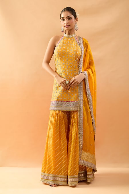 Gopi Vaid Embroidered Halter Neck Kurta & Sharara Set