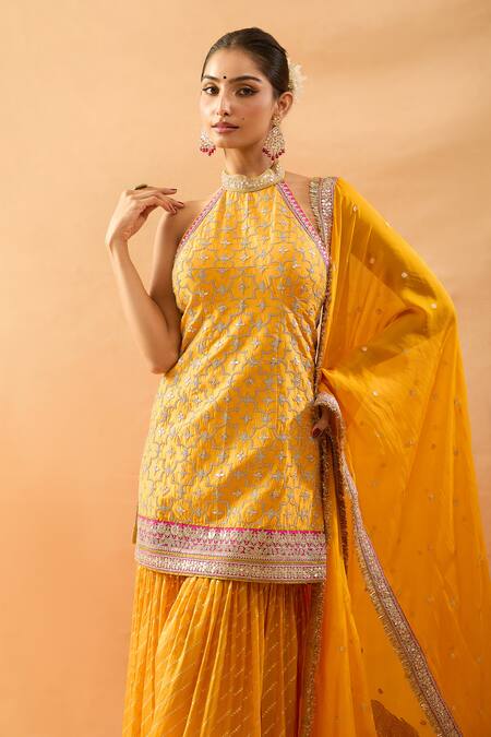 Gopi Vaid Mustard Tussar, Organza Embroidery, Zari, Sequins Halter Kurta And Sharara Set at Aza Fashions Gopi Vaid_Mustard Tussar, Organza Embroidery, Zari, Sequins Halter Kurta And Sharara Set _at_Aza_Fashions
