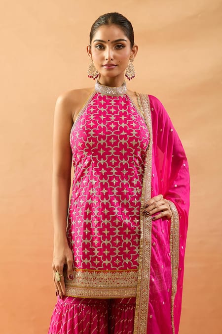 Gopi Vaid Pink Tussar, Organza Embroidery, Zari, Gota Patti Geometric Kurta Sharara Set Online at Aza Fashions Gopi Vaid_Pink Tussar, Organza Embroidery, Zari, Gota Patti Geometric Kurta Sharara Set _Online_at_Aza_Fashions