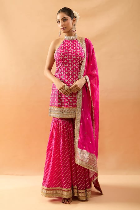 Gopi Vaid Geometric Embroidered Halter Kurta Sharara Set